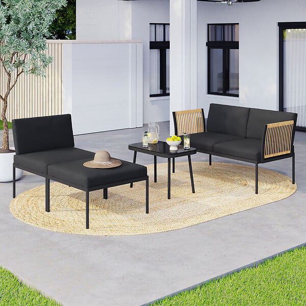 ID MARKET - Salon de jardin bas RIO 4 places modulable structure métal noir, cordage effet rotin clair avec coussins noirs - large