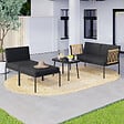 ID MARKET - Salon de jardin bas RIO 4 places modulable structure métal noir, cordage effet rotin clair avec coussins noirs - vignette