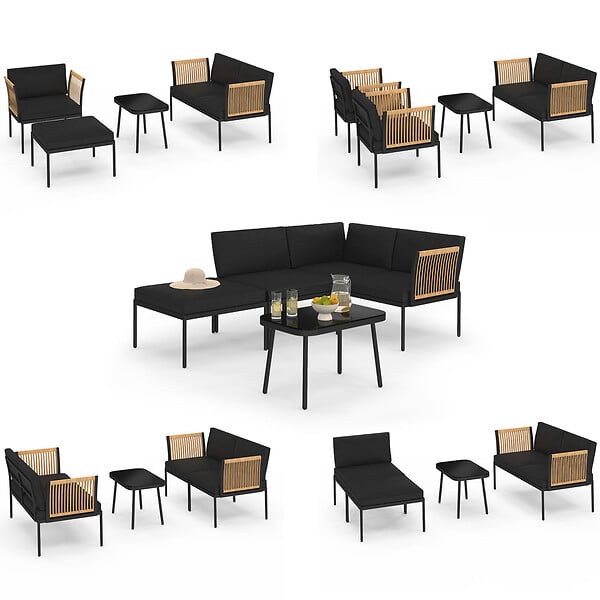 ID MARKET - Salon de jardin bas RIO 4 places modulable structure métal noir, cordage effet rotin clair avec coussins noirs - large