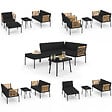 ID MARKET - Salon de jardin bas RIO 4 places modulable structure métal noir, cordage effet rotin clair avec coussins noirs - vignette