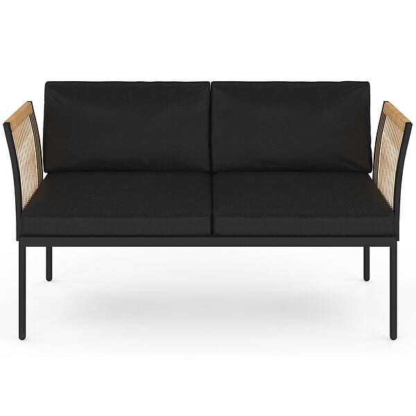 ID MARKET - Salon de jardin bas RIO 4 places modulable structure métal noir, cordage effet rotin clair avec coussins noirs - large
