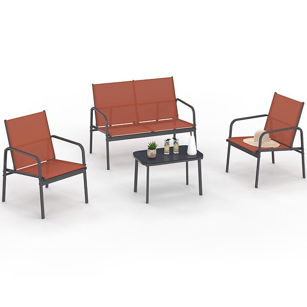 ID MARKET - Salon de jardin bas TOLEDE 4 places avec canapé, fauteuils et table terracotta - large