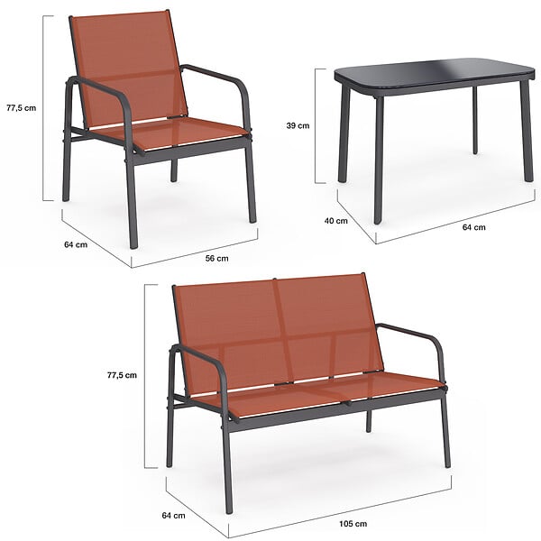 ID MARKET - Salon de jardin bas TOLEDE 4 places avec canapé, fauteuils et table terracotta - large