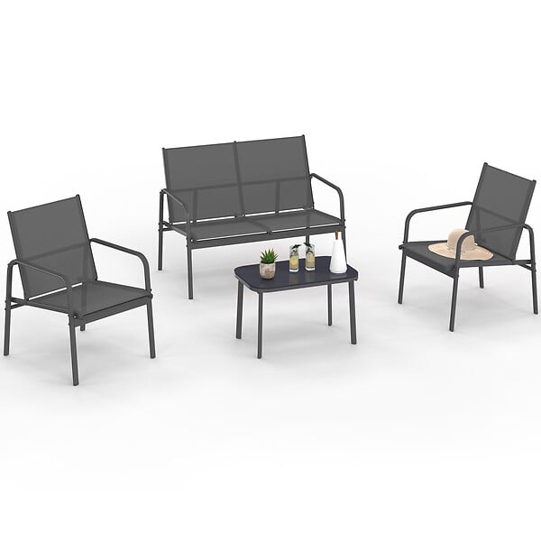 ID MARKET - Salon de jardin bas TOLEDE 4 places avec canapé, fauteuils et table gris anthracite - large