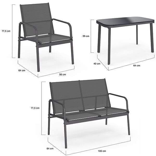 ID MARKET - Salon de jardin bas TOLEDE 4 places avec canapé, fauteuils et table gris anthracite - large