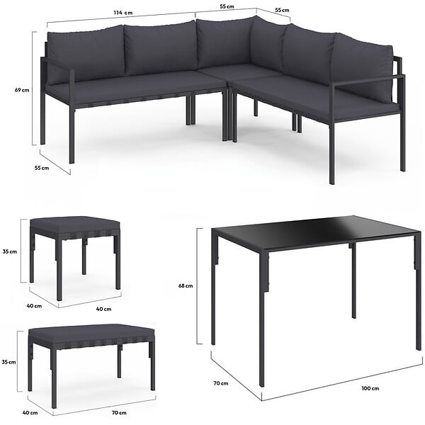 ID MARKET - Salon de jardin repas NAYLA 8 places d'angle en métal et coussins gris avec table à manger, canapé d'angle, banquette, tabourets - large