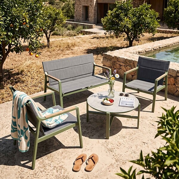 OVIALA - Salon de jardin 4 places en aluminium vert kaki - Leki - large