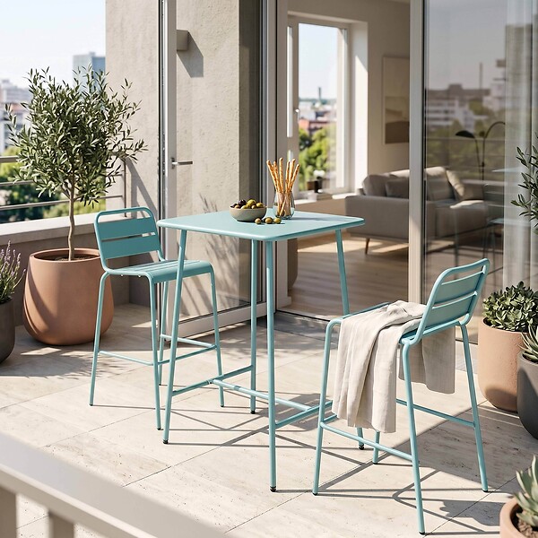 OVIALA - Ensemble table de bar et 2 chaises hautes en métal turquoise - Palavas - large