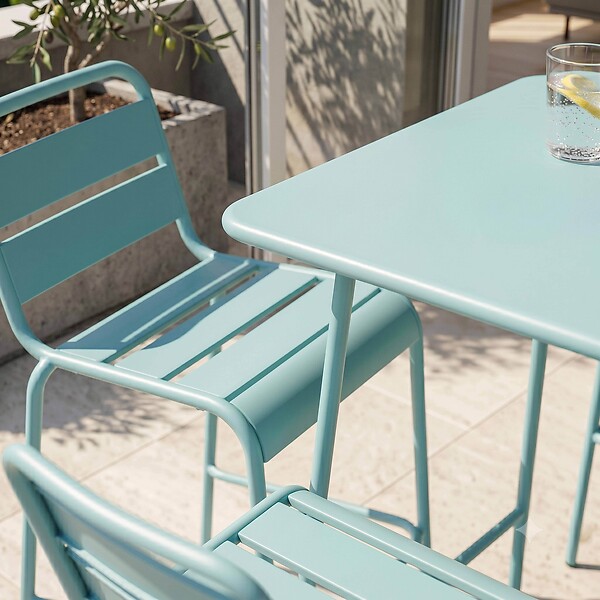 OVIALA - Ensemble table de bar et 2 chaises hautes en métal turquoise - Palavas - large