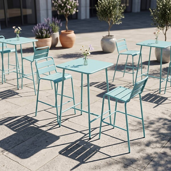 OVIALA - Ensemble table de bar et 2 chaises hautes en métal turquoise - Palavas - large