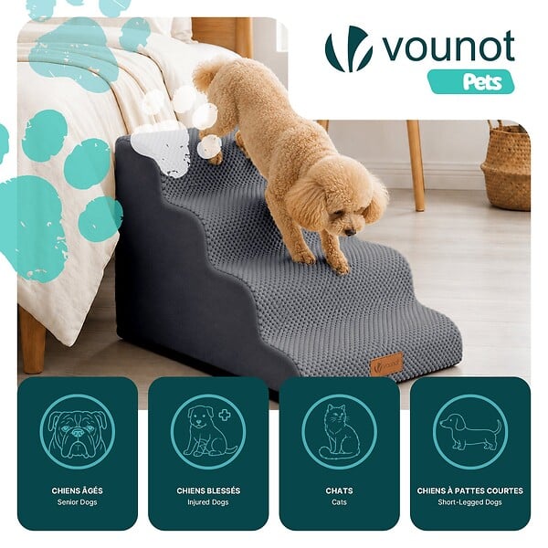 VOUNOT - Escalier pour chien et chat en mousse haute densite et housse lavable 72x40x50cm gris - large