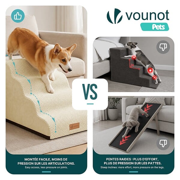 VOUNOT - Escalier pour chien et chat en mousse haute densite et housse lavable 72x40x50cm beige - large