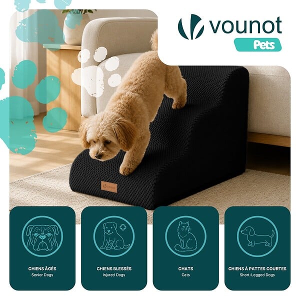 VOUNOT - Escalier pour chien et chat en mousse haute densite et housse lavable 57x40x40cm noir - large