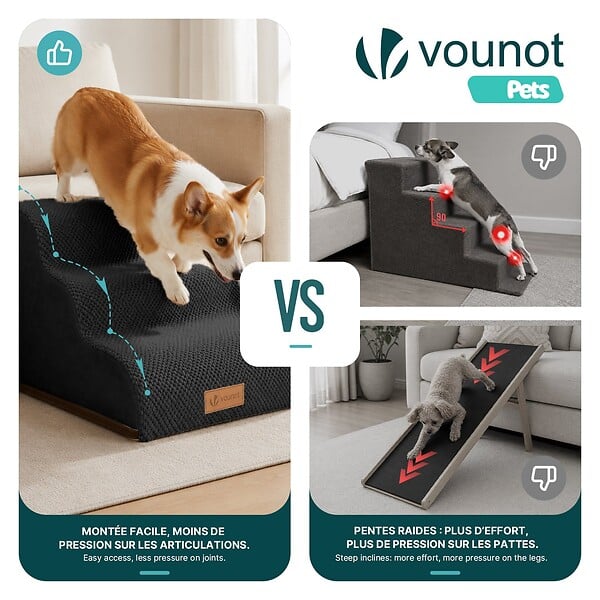 VOUNOT - Escalier pour chien et chat en mousse haute densite et housse lavable 57x40x40cm noir - large