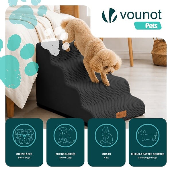 VOUNOT - Escalier pour chien et chat en mousse haute densite et housse lavable 72x40x50cm noir - large