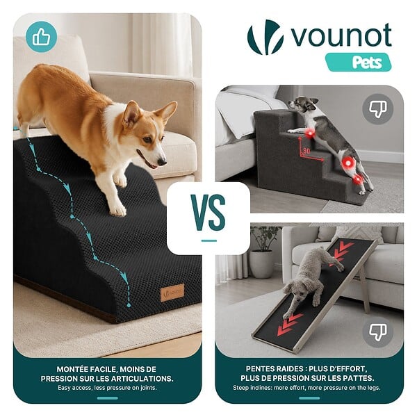 VOUNOT - Escalier pour chien et chat en mousse haute densite et housse lavable 72x40x50cm noir - large