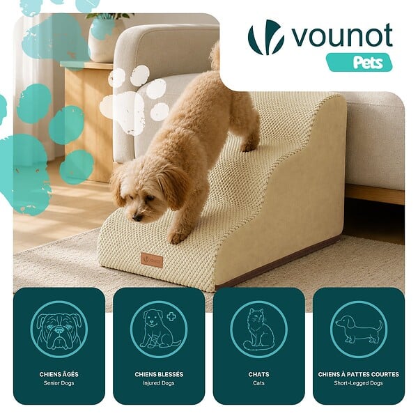 VOUNOT - Escalier pour chien et chat en mousse haute densite et housse lavable 57x40x40cm beige - large