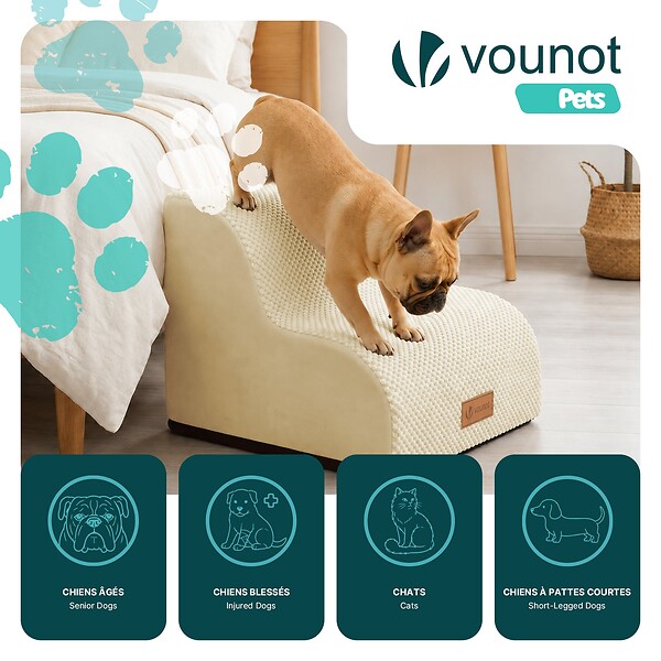 VOUNOT - Escalier pour chien et chat en mousse haute densite et housse lavable 40x40x30cm beige - large