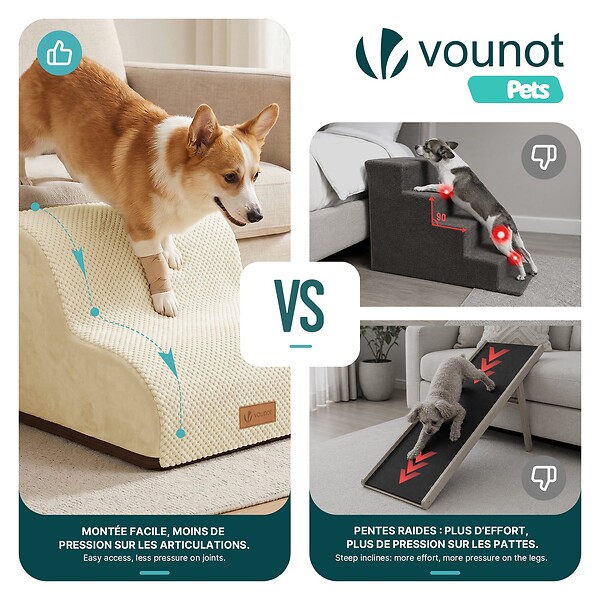 VOUNOT - Escalier pour chien et chat en mousse haute densite et housse lavable 40x40x30cm beige - large