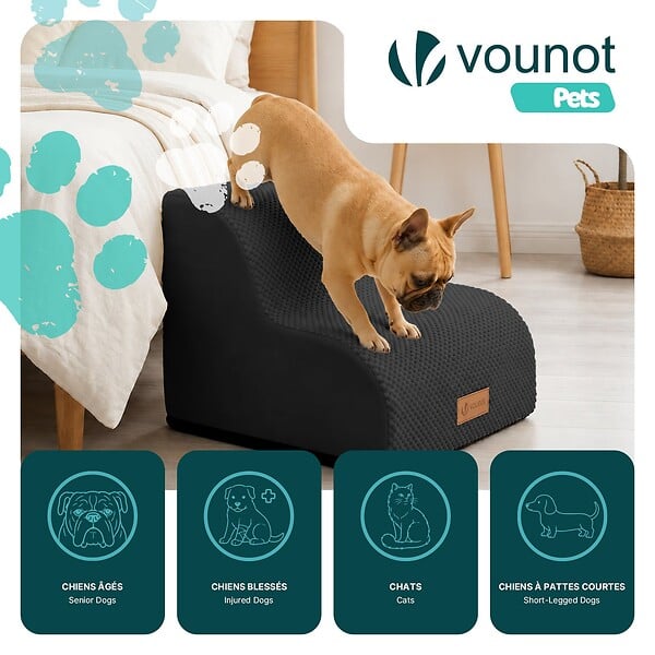 VOUNOT - Escalier pour chien et chat en mousse haute densite et housse lavable 40x40x30cm noir - large