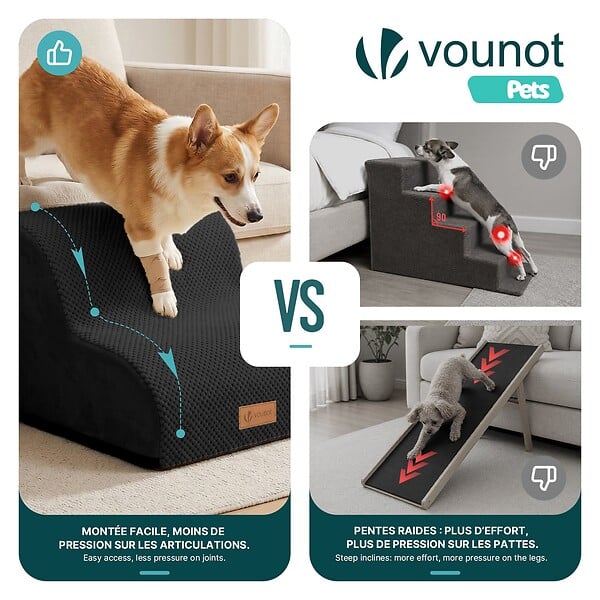 VOUNOT - Escalier pour chien et chat en mousse haute densite et housse lavable 40x40x30cm noir - large