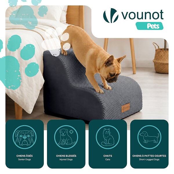 VOUNOT - Escalier pour chien et chat en mousse haute densite et housse lavable 40x40x30cm gris - large