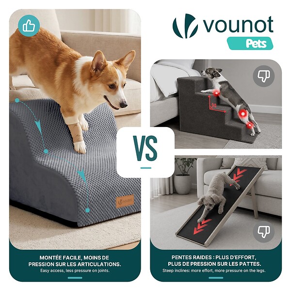 VOUNOT - Escalier pour chien et chat en mousse haute densite et housse lavable 40x40x30cm gris - large