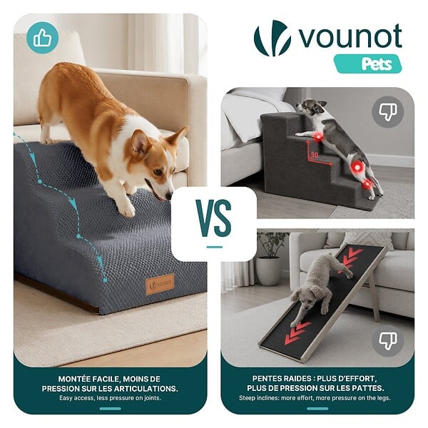 VOUNOT - Escalier pour chien et chat en mousse haute densite et housse lavable 57x40x40cm gris - large