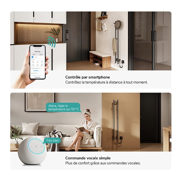 EMKE - EMKE Sèche-serviettes électrique 120x12,4 cm, 145W, Radiateur Salle de Bain WiFi App/Alexa, Chauffage carbone, Gris - large
