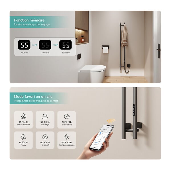EMKE - EMKE Sèche-serviettes électrique 120x12,4 cm, 145W, Radiateur Salle de Bain WiFi App/Alexa, Chauffage carbone, Gris - large