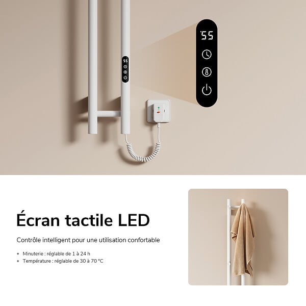 EMKE - EMKE Sèche-serviettes électrique 120x12,4 cm, 145W, Radiateur Salle de Bain WiFi App/Alexa, Chauffage carbone, Blanc - large
