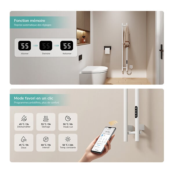 EMKE - EMKE Sèche-serviettes électrique 120x12,4 cm, 145W, Radiateur Salle de Bain WiFi App/Alexa, Chauffage carbone, Blanc - large
