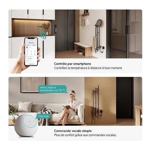 EMKE - EMKE Sèche-serviettes électrique 115x21,6 cm, 220W, Radiateur Salle de Bain WiFi App/Alexa, Chauffage carbone, Gris - large