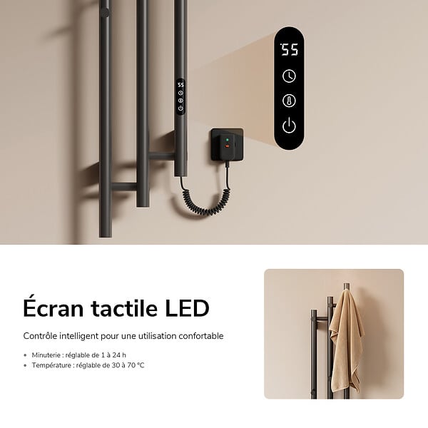 EMKE - EMKE Sèche-serviettes électrique 115x21,6 cm, 220W, Radiateur Salle de Bain WiFi App/Alexa, Chauffage carbone, Gris - large