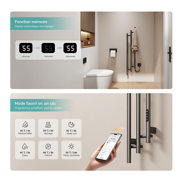 EMKE - EMKE Sèche-serviettes électrique 115x21,6 cm, 220W, Radiateur Salle de Bain WiFi App/Alexa, Chauffage carbone, Gris - large