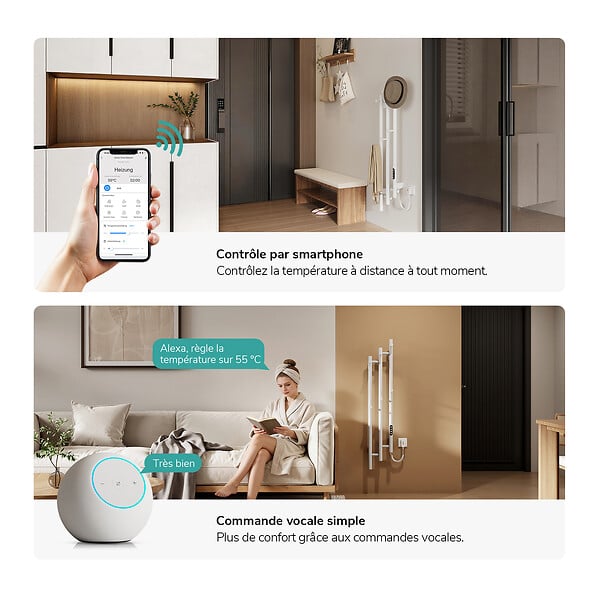 EMKE - EMKE Sèche-serviettes électrique 115x21,6 cm, 220W, Radiateur Salle de Bain WiFi App/Alexa, Chauffage carbone, Blanc - large