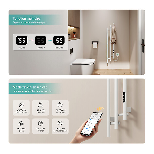 EMKE - EMKE Sèche-serviettes électrique 115x21,6 cm, 220W, Radiateur Salle de Bain WiFi App/Alexa, Chauffage carbone, Blanc - large