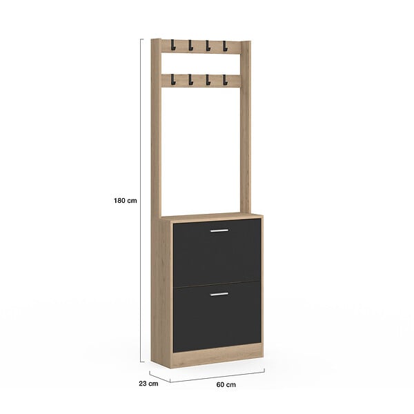 ID MARKET - Vestiaire d'entrée KLARK meuble chaussures 2 portes effet bois et noir - large