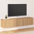 ID MARKET - Meuble TV 140 cm suspendu JULIETTE 2 portes lattes tasseau bois coloris chêne - vignette
