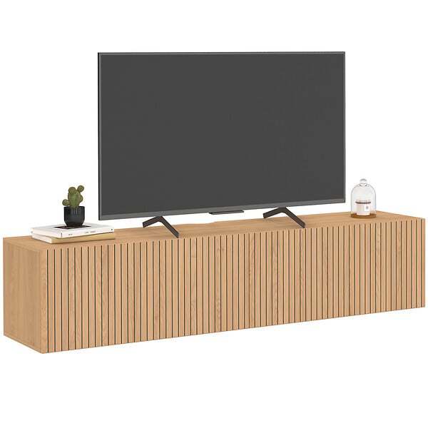 ID MARKET - Meuble TV 140 cm suspendu JULIETTE 2 portes lattes tasseau bois coloris chêne - large