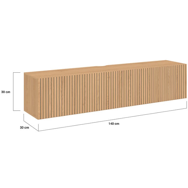 ID MARKET - Meuble TV 140 cm suspendu JULIETTE 2 portes lattes tasseau bois coloris chêne - large