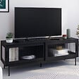 ID MARKET - Meuble TV 140 cm ZINEB 2 portes coulissantes vitrées façade cannelée noir - vignette