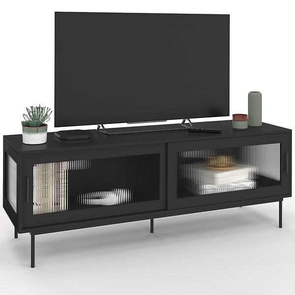 ID MARKET - Meuble TV 140 cm ZINEB 2 portes coulissantes vitrées façade cannelée noir - large
