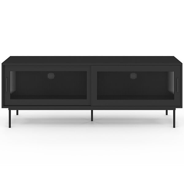 ID MARKET - Meuble TV 140 cm ZINEB 2 portes coulissantes vitrées façade cannelée noir - large