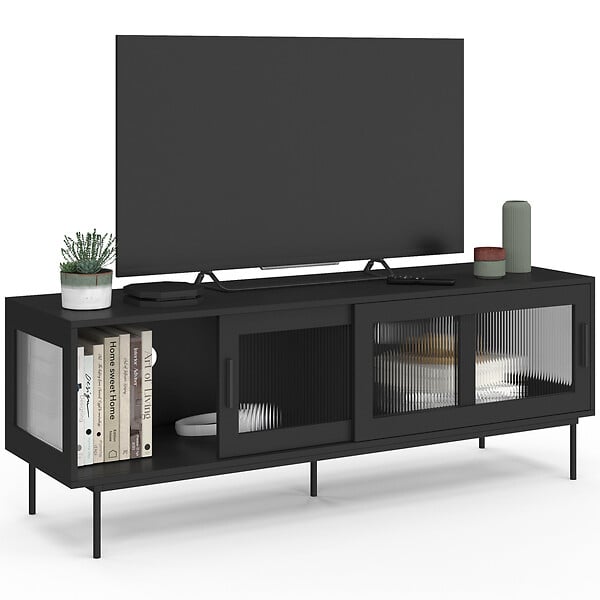 ID MARKET - Meuble TV 140 cm ZINEB 2 portes coulissantes vitrées façade cannelée noir - large