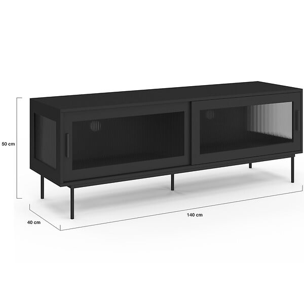 ID MARKET - Meuble TV 140 cm ZINEB 2 portes coulissantes vitrées façade cannelée noir - large