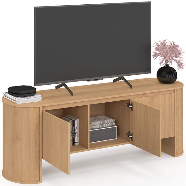 ID MARKET - Meuble TV 140 cm DIVIA 3 portes façon hêtre design arrondi - large