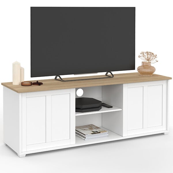 ID MARKET - Meuble TV 140 cm  JANGO 2 portes coulissantes blanc et plateau bois - large
