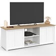 ID MARKET - Meuble TV 140 cm  JANGO 2 portes coulissantes blanc et plateau bois - vignette