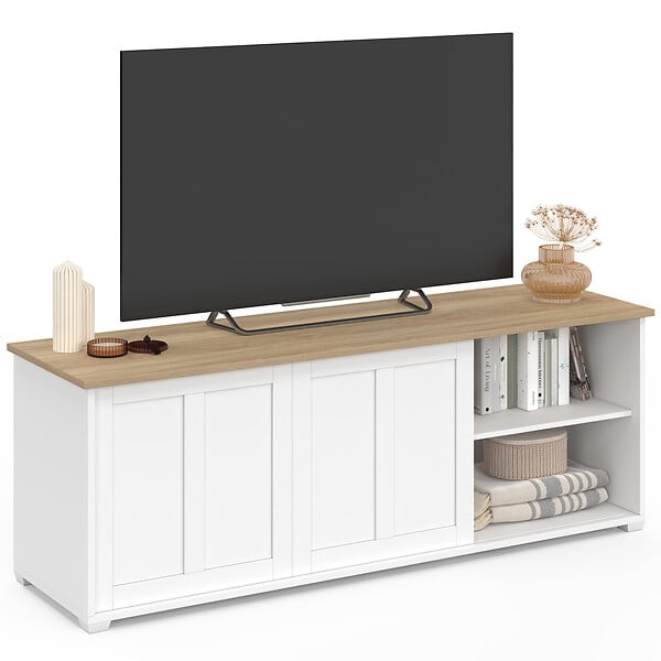 ID MARKET - Meuble TV 140 cm  JANGO 2 portes coulissantes blanc et plateau bois - large
